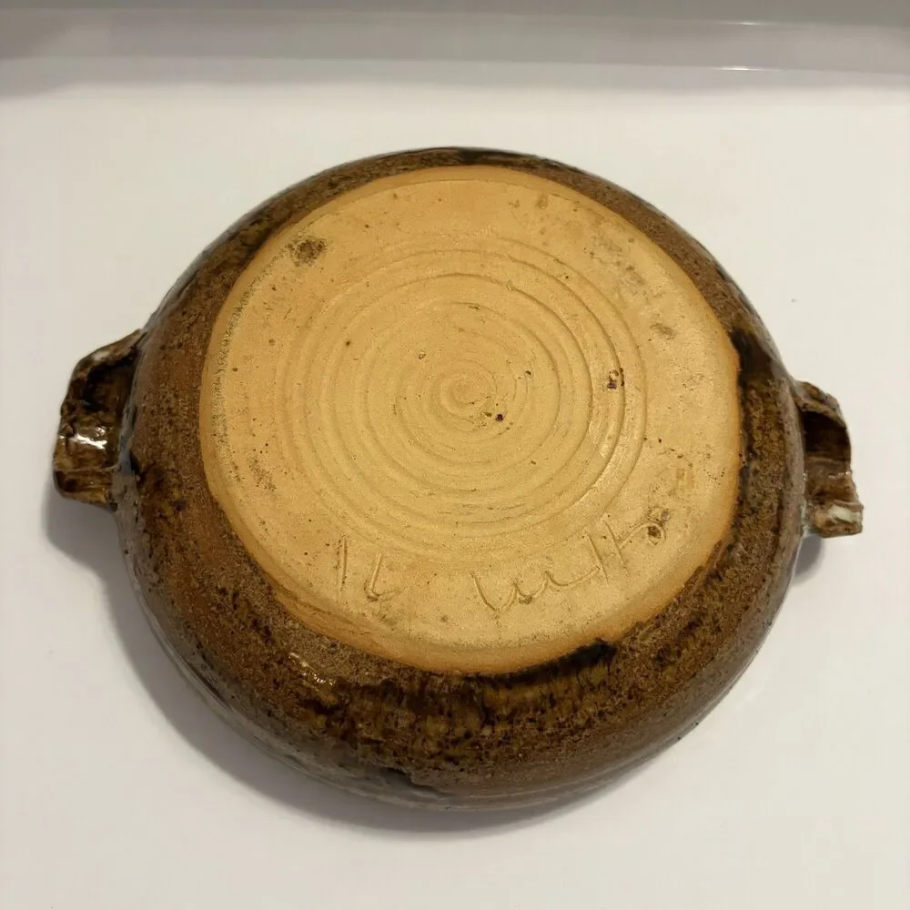Art Studio Pottery Brown Wide Bowl Dish Folk Art Decor Artist Signed 7.5x2.25
